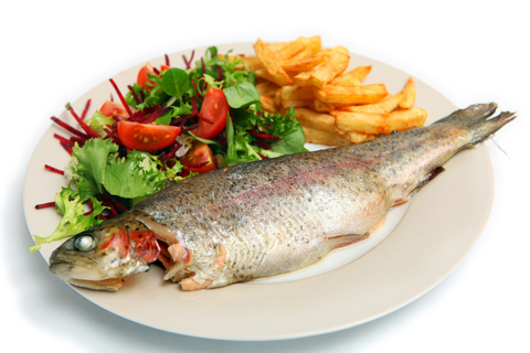 http://www.dreamstime.com/royalty-free-stock-photography-grilled-rainbow-trout-meal-image18087387 Grilovaný pstruh s bylinkovým máslem a se salátem z červené řepy